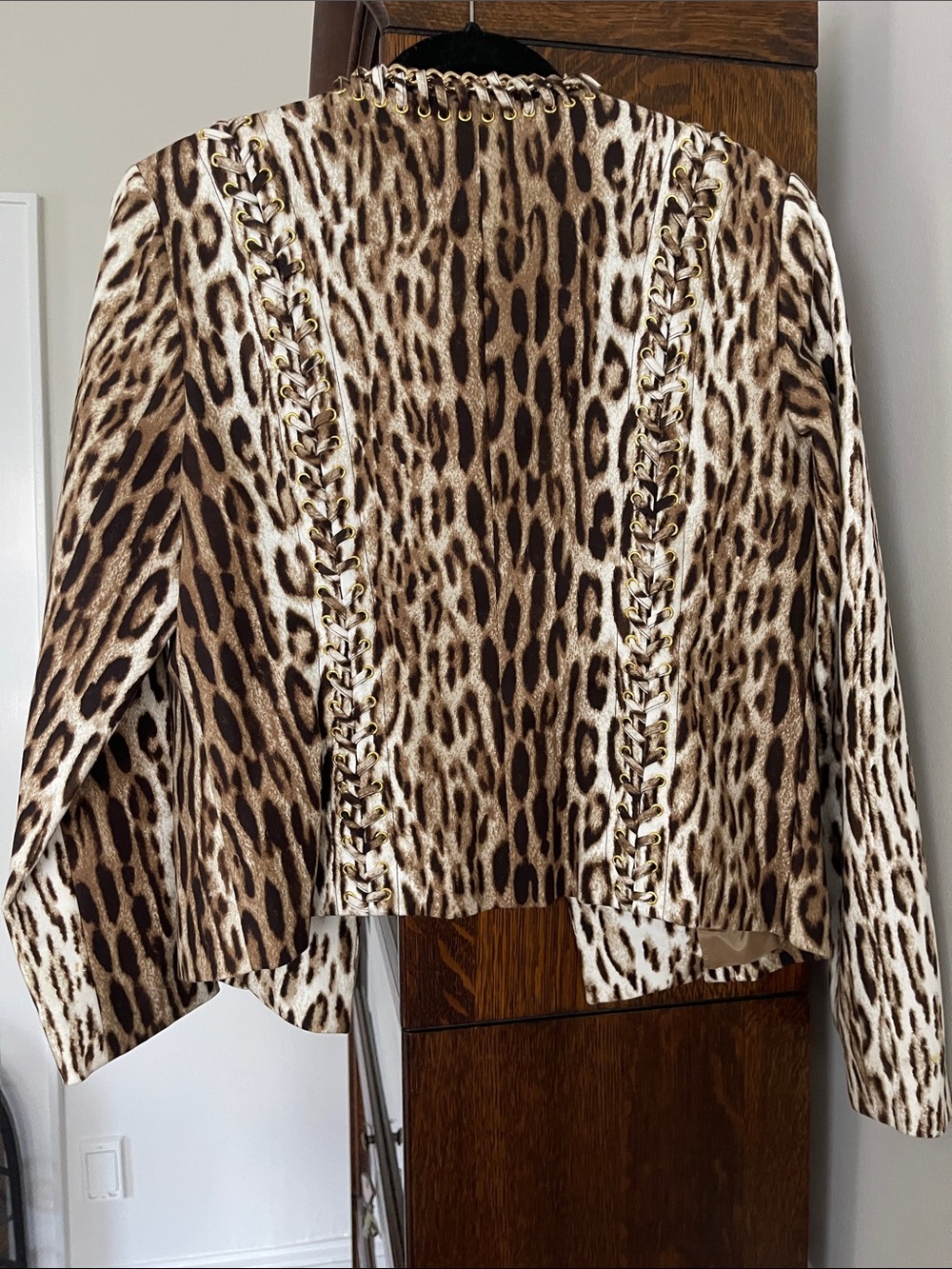 Michael Kors Leopard Print Chain-Trim Open Jacket - Brown/White - Picture 5 of 8